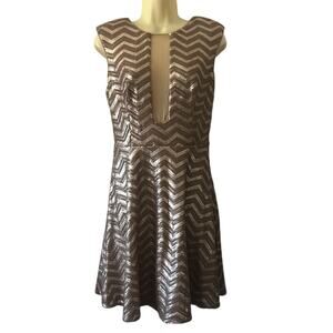 Bebe  Bronze Metallic Sequin Dress Size Medium Fit Flare Styling Holiday Party